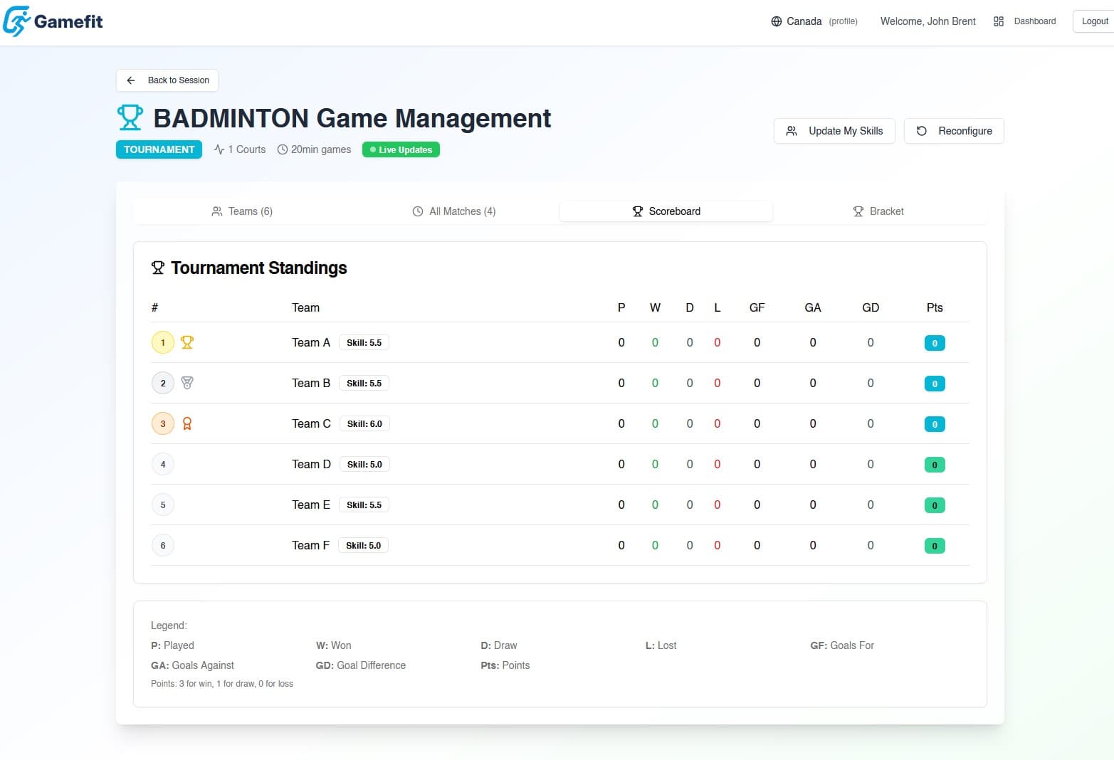 GameFit Game Management Screenshot