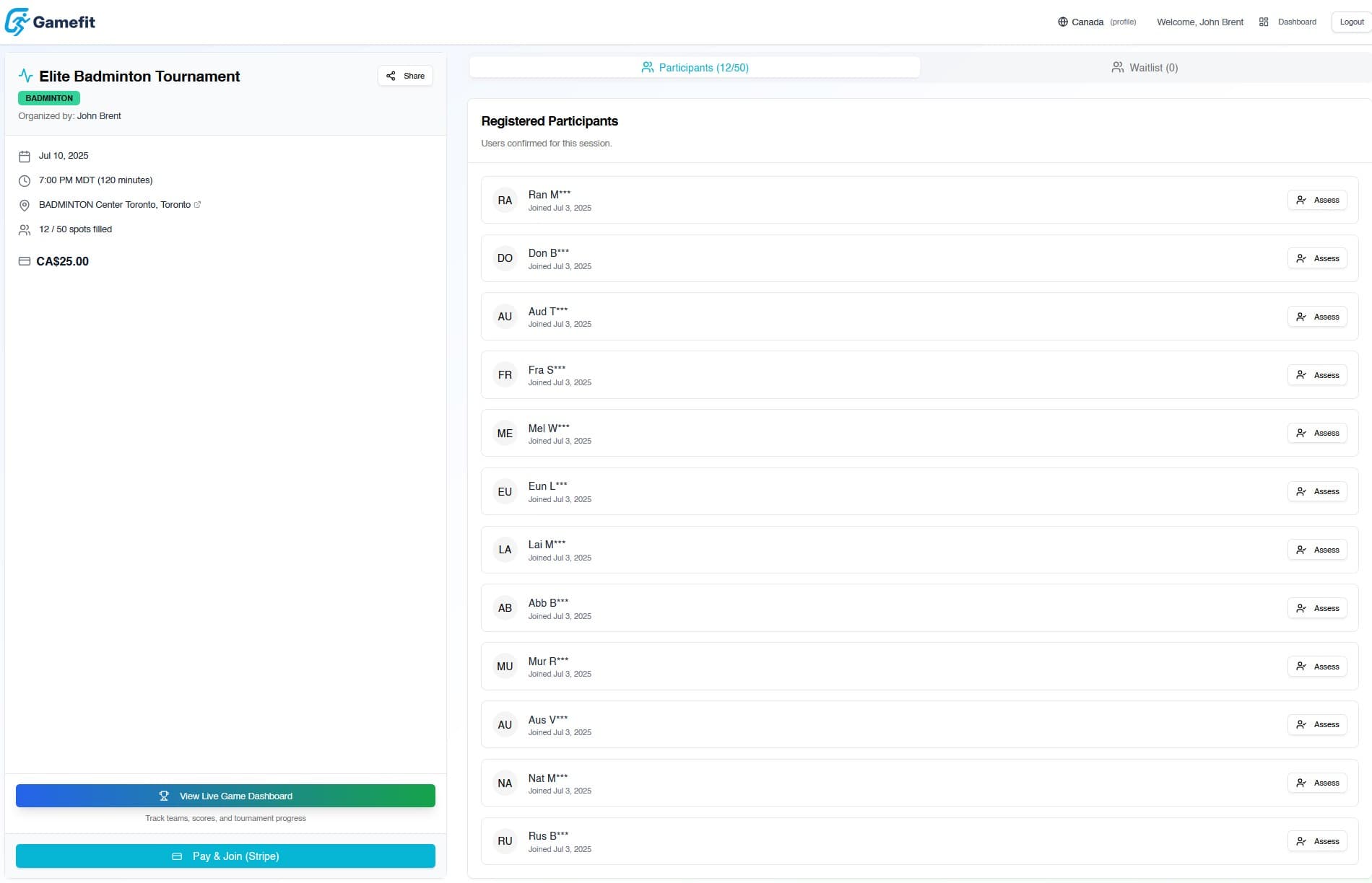 GameFit Session Page Screenshot